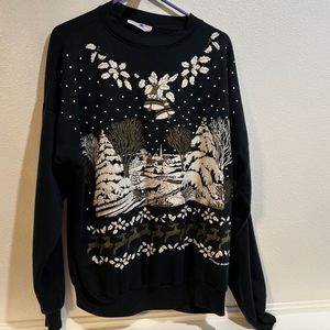 Vintage Turtle Bay Christmas Sweatshirt Black Snowy Village Reindeer Made in USA